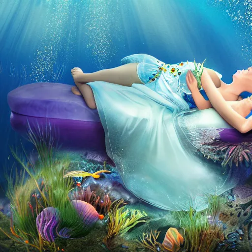 Prompt: sleeping beauty underwater, ultrarealistic photograph,