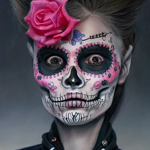 Image similar to realistic detailed painting of a cute punk Día de los Muertos girl by James Jean and Wayne Barlowe, cgsociety 8k