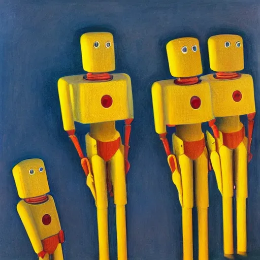 Prompt: robot bishop army, one robot a different color, grant wood, pj crook, edward hopper, oil on canvas