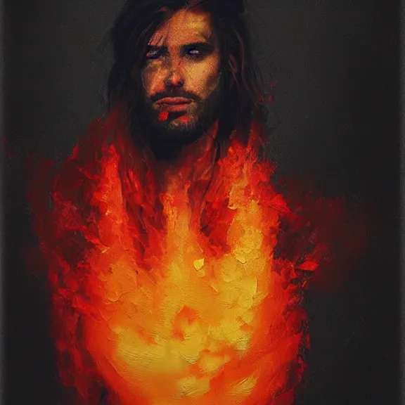 Image similar to abstract painting of man on fire. Handsome. Long hair. portrait. ArtStation. Marco Bucci Rule of thirds. Silouette. Pain.