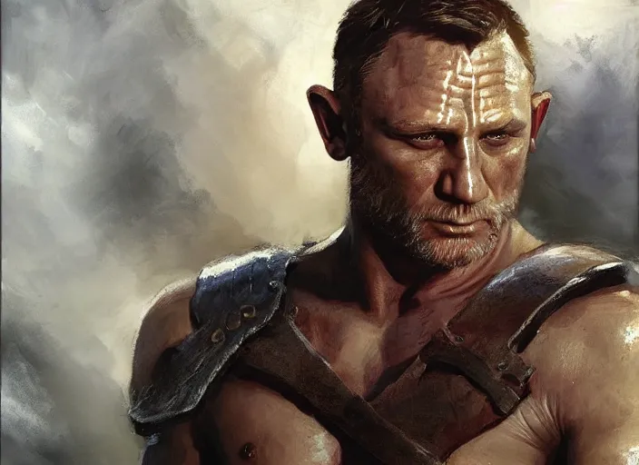 Image similar to a highly detailed beautiful portrait of daniel craig kratos hybrid god of war, by gregory manchess, james gurney, james jean, octane, fantasy