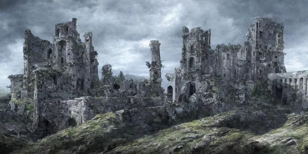 Image similar to matte painting, castle, dramatic landscape, ruins