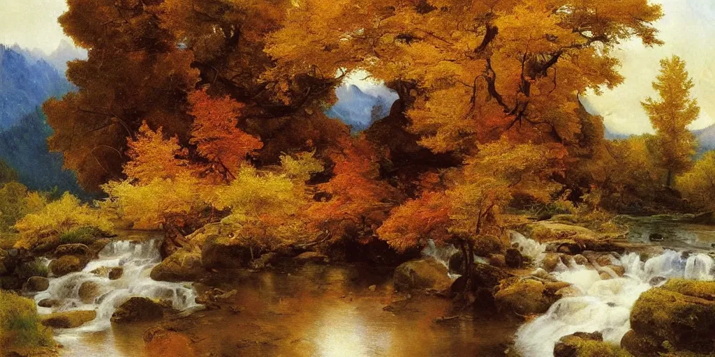 Prompt: single maple tree growing in grand cayon, stream, thomas moran, oil painting, highly detailed, masterpiece