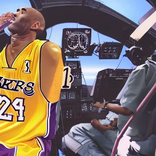 Prompt: A picture of Kobe Bryant sitting in the cockpit of a helicopter and holding a giant marijuana joint, hyper detailed, 8k resolution