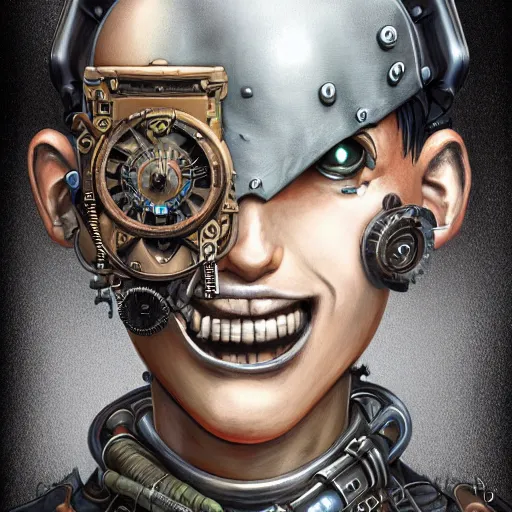 Image similar to portrait painting of a steampunk cyborg criminal, transhumanism, ultra realistic, concept art, studio ghibli, intricate details, eerie highly detailed