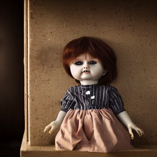 Image similar to creepy doll sitting on shelf, staring at camera, 8 k, photorealistic, dark