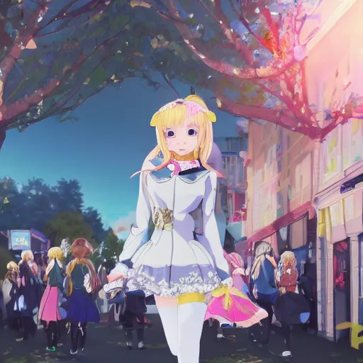 Image similar to blonde - haired princess, anime princess, wearing black jacket and white leggings, looking through crowd, town street, festival street, trees, green trees, blue lighting, blue sunshine, strong lighting, strong shadows, vivid hues, ultra - realistic, sharp details, subsurface scattering, intricate details, hd anime, 2 0 1 9 anime