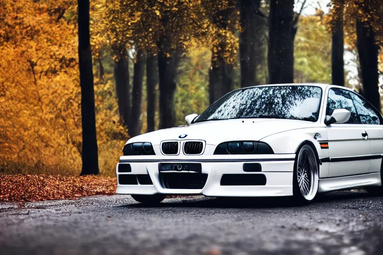 Image similar to A modified BMW e36 parked in a road with trees, autumn season, rain, Epic photography, taken with a professional camera, 10 mm, depth of field, highly detailed