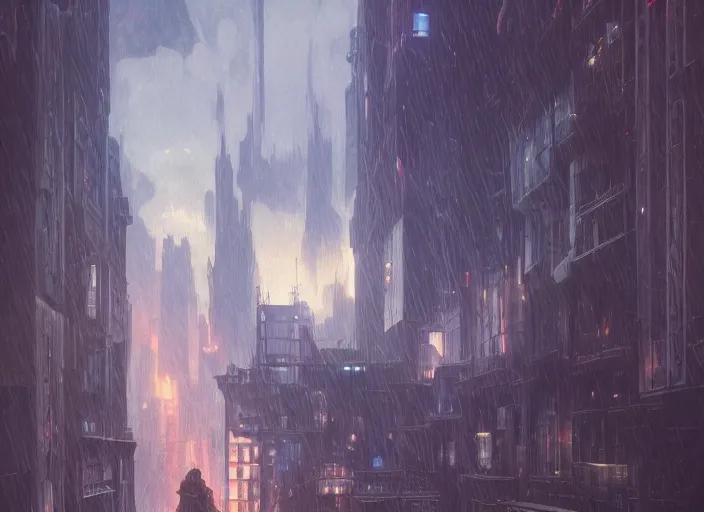 Image similar to view through window, giant spaceship, city is pure wasteland, rain, dusk, low saturation, glowing lights, alphonse mucha, greg rutkowski, trending on artstation, artgerm, breathtaking, sharp focus, smooth, mark arian, award winning, highly detailed 4 k art