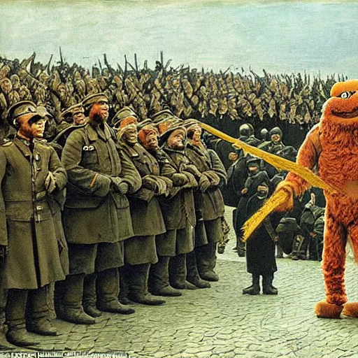 Image similar to A photo of elmo giving the troops a speech after long years of war, suffering, dark, historical moment, emotional, impressive, by Vasily Vereshchagin