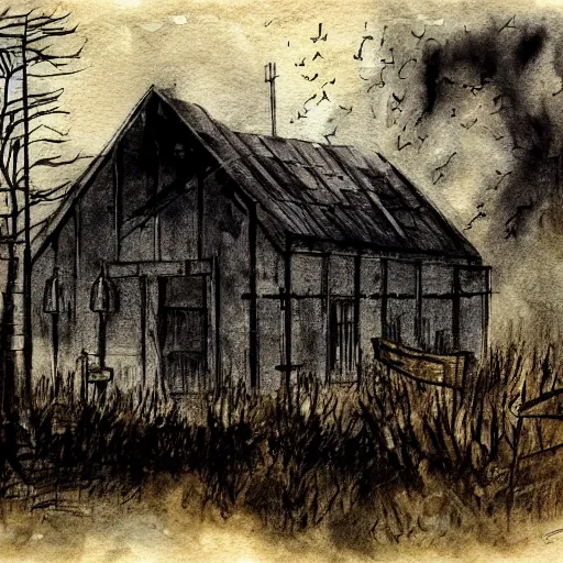 Image similar to hunt showdown burning chapel, dark, gritty, grim, bayou, watercolor