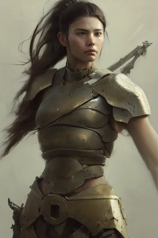 Image similar to a photorealistic painting of an attractive young girl, partially clothed in battle armor, olive skin, long dark hair, beautiful bone structure, symmetrical face, perfect eyes, intricate, elegant, digital painting, concept art, illustration, sharp focus, minimal artifacts, from Metal Gear, in the style of Ruan Jia and Mandy Jurgens, by Greg Rutkowski, trending on Artstation, award winning