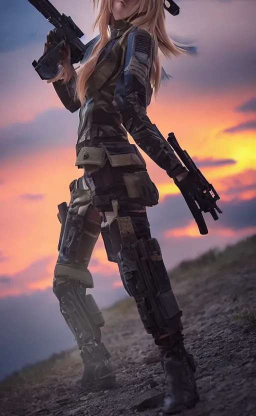 Image similar to highly detailed, high resolution, cosplay photo, stunning, realistic lightning, real sunset, in the middle of the battlefield, girls frontline style, bokeh soft, 100mm, trending on facebook, by professional photographer, realistic anatomy, realistic military rigs, full body suit