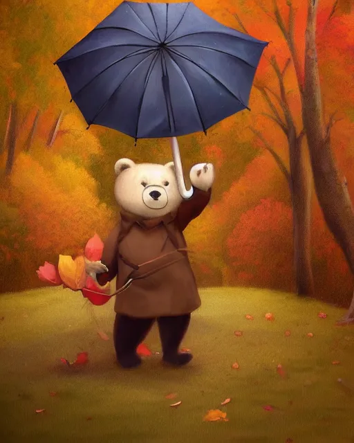 Image similar to autumn a bear with an umbrella by samuel smith trending on artstation