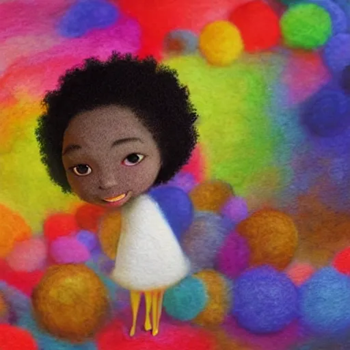 Image similar to a black girl with a colorful afro and rainbow eyes, in a candy forest! at night, bokeh, bright colours, watercolor, volumetric wool felting, macro photography, children illustration, by goro fujita