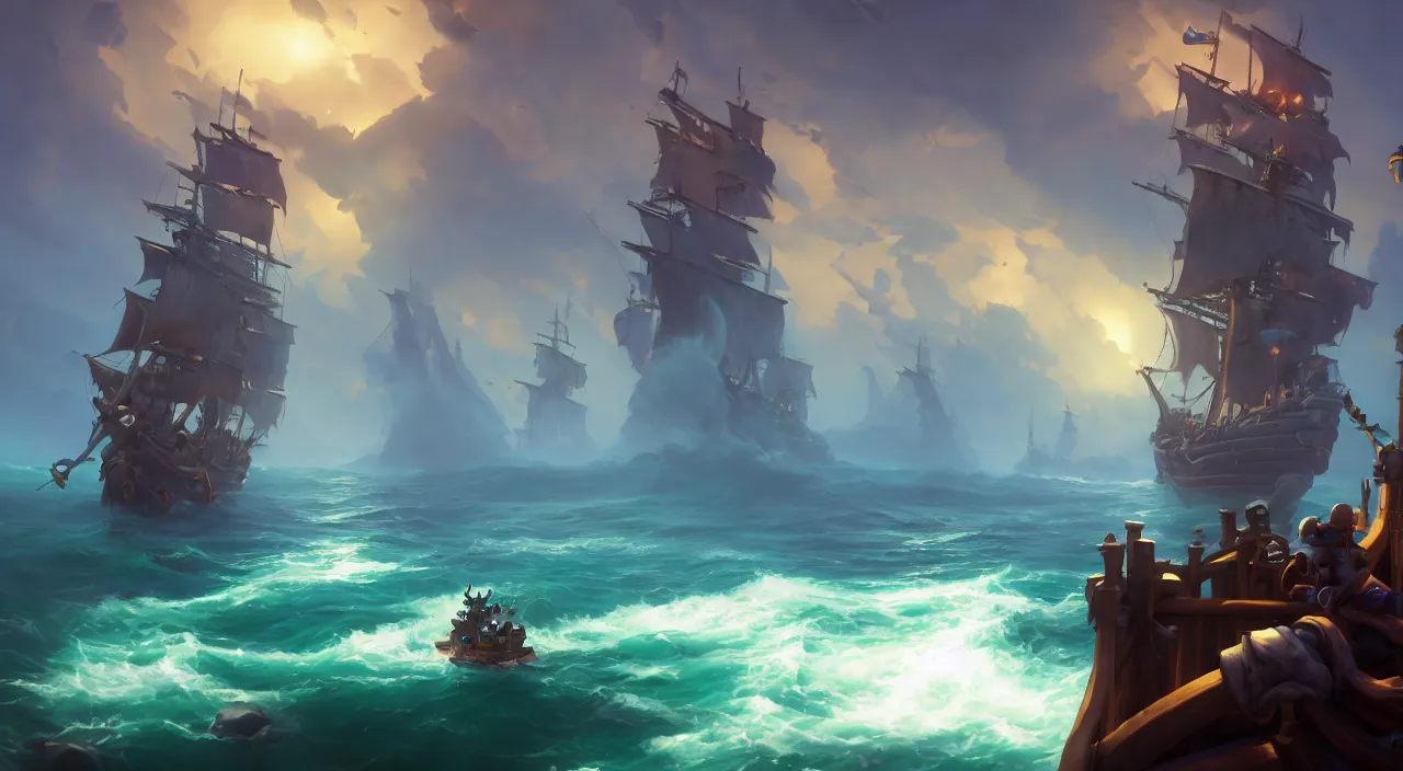Image similar to pirates on a ghost ship with the Jolly Roger flag in the ocean, volumetric lighting, fantasy art overwatch and heartstone video game icon, a detailed matte painting, by RHADS, cgsociety, matte painting, artstation hq, octane render, 8k, by makoto shinkai and Beeple Jorge Jacinto ,Tyler Edlin, philipsue on artstation