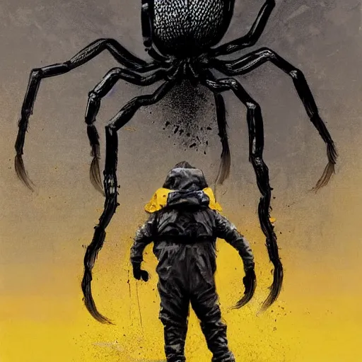 Prompt: a painting of a man in a yellow bio hazard suit holding a bucket and looking at mutant gigantic spider, poster art by jakub rozalski, trending on artstation, nuclear art, apocalypse art, dystopian art, poster art