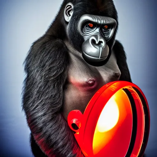 Prompt: high quality photo of A gorilla wearing a world war 2 gas mask in a lab with neon lights, realism, 8k, award winning photo