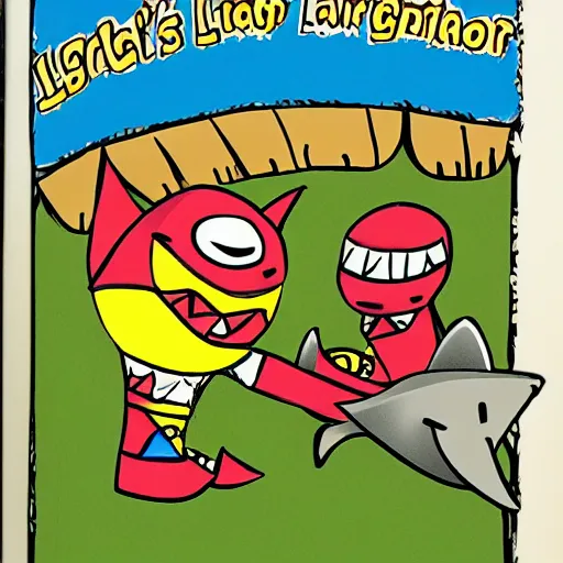 Image similar to a children's book illustration of a luchador wrestling a shark