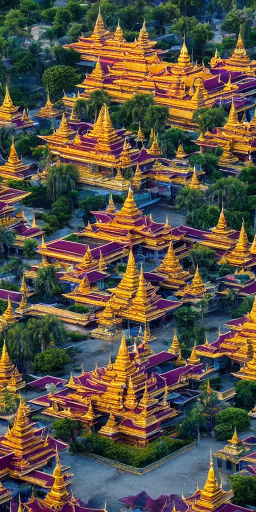 Prompt: beautiful!!!! Aerial photograph of the mandalay palace in the golden hour, Ultra-wide Angle, DSLR, cinematic!!!! lighting, 4k, award-winning