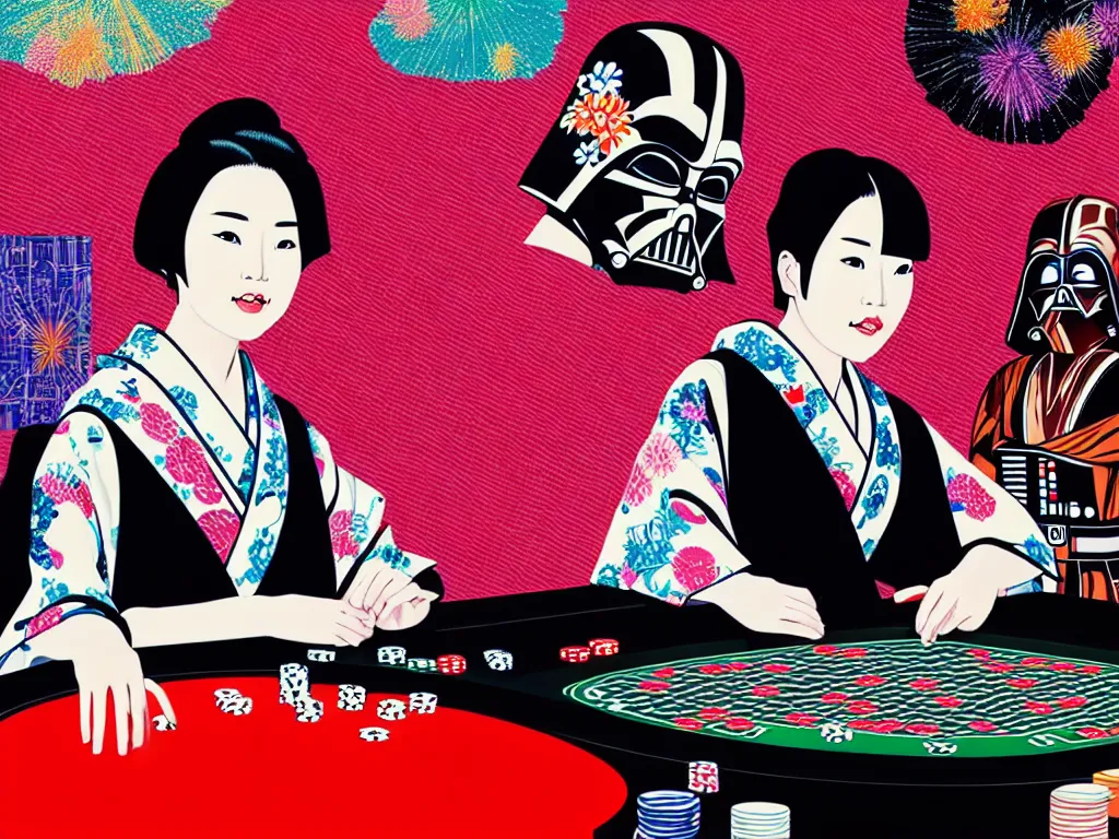 Image similar to hyperrealistic composition of the detailed woman in a japanese kimono sitting at a extremely detailed poker table with detailed darth vader, fireworks, mount fuji on the background, pop - art style, jacky tsai style, andy warhol style, acrylic on canvas