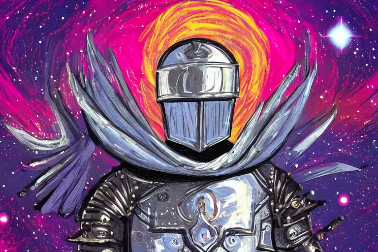 Image similar to digital art of a spiritual medieval knight looking up at the stars, acrylic art, universe, painting, pastel colors, synthwave, retro, cyberpunk,