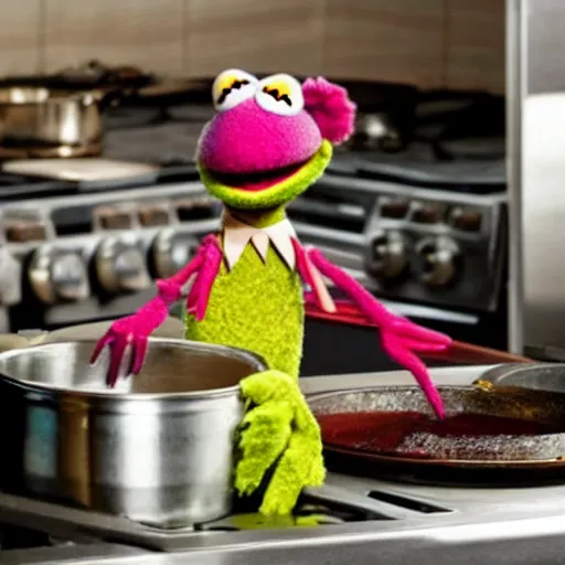 Prompt: a muppet inside a metal pot on a stove, next to an italian chef cooking