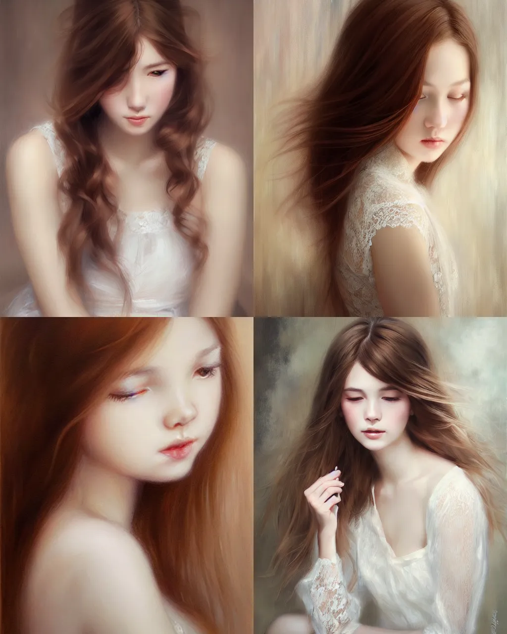 Prompt: girl with brown hair and white lace dress, a beautiful portrait, soft painting, by stanley artgerm lau, wlop, rossdraws, lerapi, and sakimichan