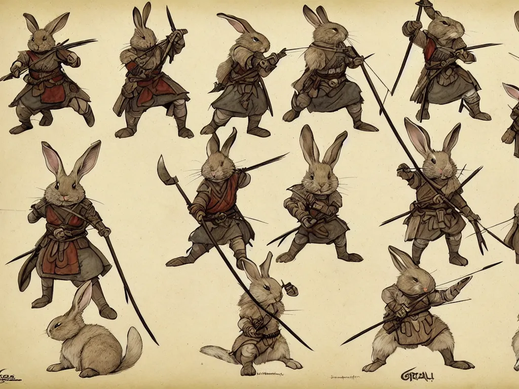 Image similar to character design sheet for a group of heroic rabbit archers on a parchment background, redwall, greg rutowski and jean baptiste monge, very very detailed, epic fantasy concept art