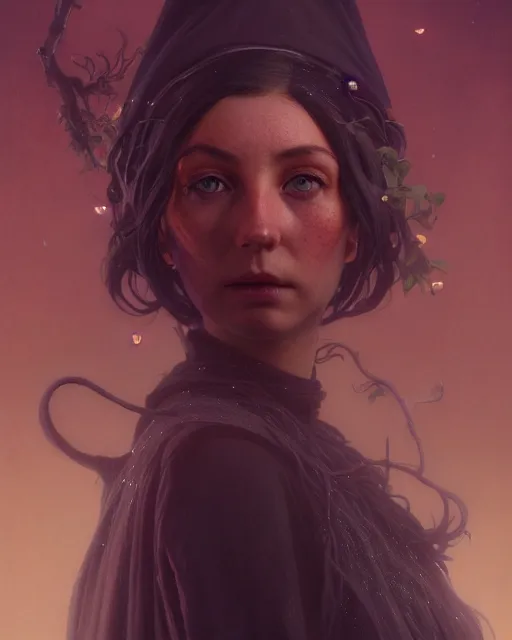 Image similar to highly detailed vfx - portrait of a witch, wonderful eyes, unreal engine, greg rutkowski, only, once, people, makoto shinkai and lois van baerle, ilya kuvshinov, rossdraws, tom bagshaw, alphonse mucha, global lighting, detailed and complex environment