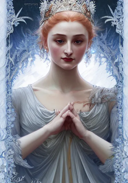 Image similar to sansa ice queen, intricate, elegant, highly detailed, digital painting, artstation, concept art, smooth, sharp focus, illustration, art by artgerm and greg rutkowski and alphonse mucha and william - adolphe bouguereau