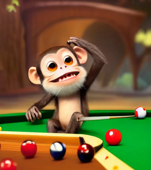Prompt: very beautiful portrait of an extremely cute and adorable monkey playing pool, smooth, perfect face, fantasy, character design by mark ryden and pixar and hayao miyazaki, sharp focus, concept art, harvest fall vibrancy, intricate detail, cinematic lighting, hyperrealistic, 3 5 mm, diorama macro photography, 8 k, 4 k
