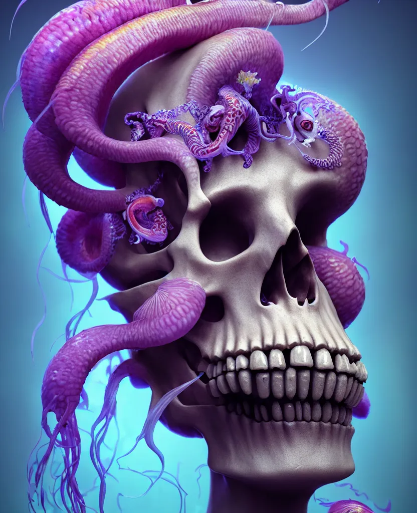 Image similar to goddess close - up portrait human skull, ram skull, squid phoenix jellyfish, orchid, betta fish, bioluminiscent, intricate artwork by tooth wu and wlop and beeple. octane render, trending on artstation, greg rutkowski very coherent symmetrical artwork. cinematic, hyper realism, high detail, octane render, 8 k