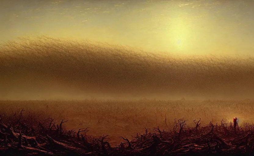 Image similar to a plague of locusts over burning forest. desolate landscape. fields on fire. greg rutkowski gustave dore caspar david friedrich dystopian hyperdetailed landscape. millions of tiny locusts in the sky