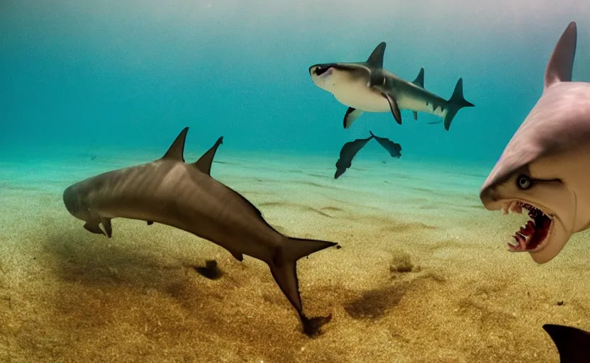 Prompt: an underwater photograph of a ferocious and ravenous baby shark, chasing a chicken on a lure through the deep sea.