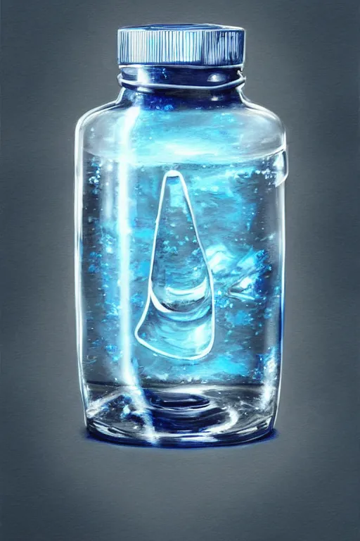 Image similar to concept art of a audemars piguet blue iridescent liquid dietary supplement in a transparent bottle with big black sticker on it by aenaluck, artgerm and roberto ferri and greg rutkowski, blue and white tones, digital painting, artstation, concept art, smooth, sharp foccus ilustration hq