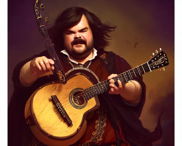 Image similar to photography of jack black as a bard with a guitar singing 8 k, deep focus, d & d, fantasy, intricate, elegant, highly detailed, digital painting, artstation, concept art, matte, sharp focus, illustration, hearthstone, art by artgerm and greg rutkowski and alphonse mucha