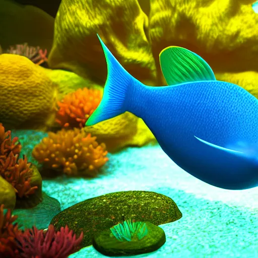 Image similar to 3D render of a cute tropical fish in an aquarium on a dark blue background, digital art