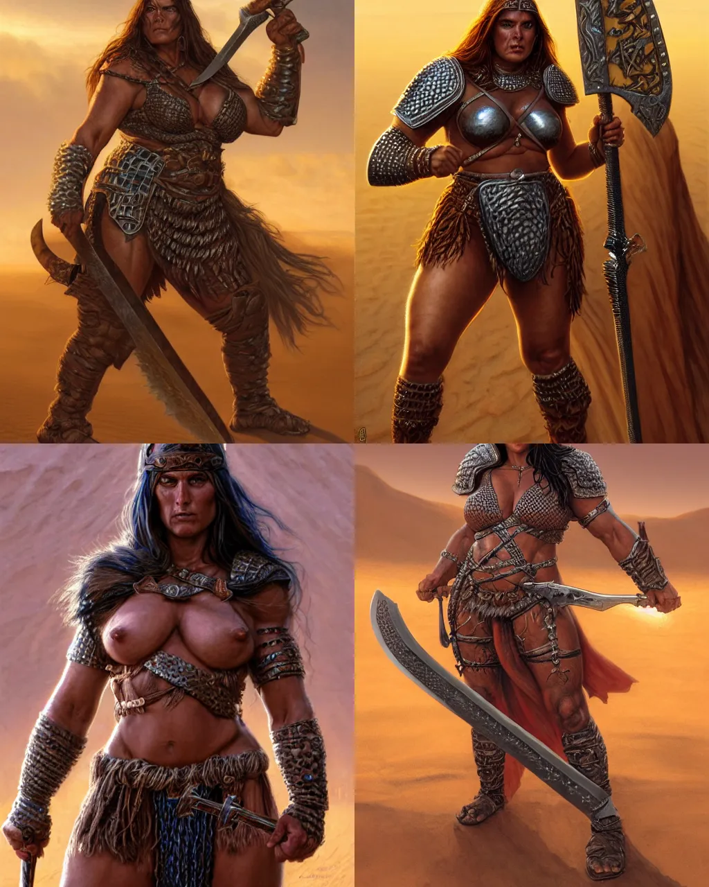 Prompt: big and strong barbarian woman wielding a sword, in the desert, wearing chainmail armor, dark skin, by jeff easley and donato giancola, ultrarealistic, highly detailed face, soft lighing, spellfire, sharp focus, cinematic lighting, artstation, powerful presence