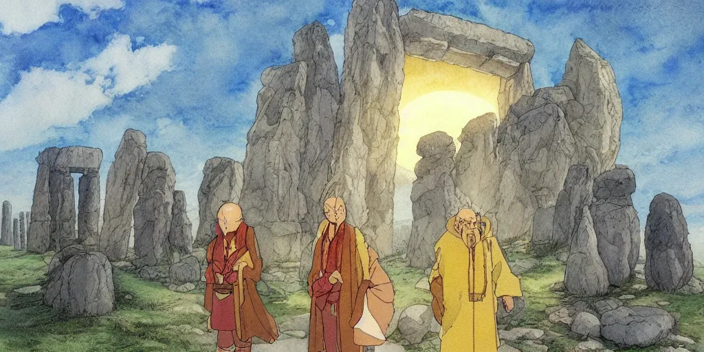 Image similar to a hyperrealist studio ghibli watercolor fantasy concept art of a giant chinese god and a small grey alien with a yellow robe in stonehenge in the early morning. a giant gold ufo is floating in the air. by rebecca guay, michael kaluta, charles vess