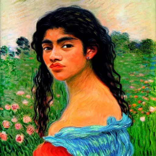 Image similar to beautiful tan latina woman, landscape, prominent rosy cheek bones, black hair and brown eyes, monet and da vinchi art style,