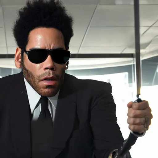 Image similar to men in black agent as lenny kravitz fighting aliens, dynamic movie still, detailed 8 k photorealistic portrait, imdb poster style