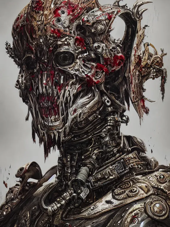 Image similar to portrait art of 8k ultra realistic cursed man,blood, detailed intricate ornate armour,decaying, cybernetic, full of colour, cinematic lighting, battered, trending on artstation, 4k, hyperrealistic, focused, extreme details,unreal engine 5, cinematic, masterpiece, art by ayami kojima, giger