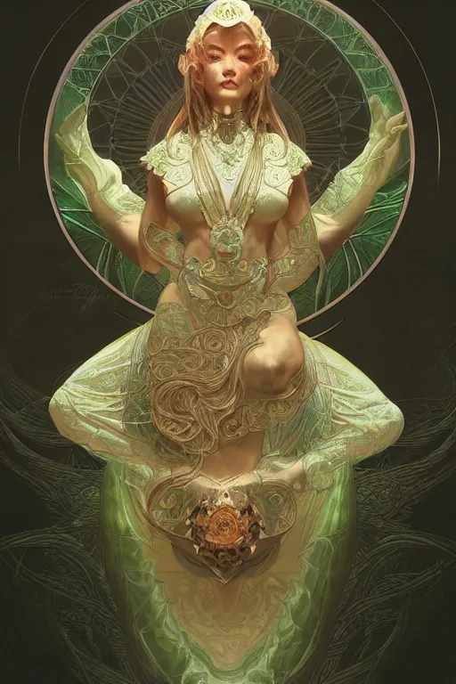 Image similar to no figure, ultra realistic illustration, a jade statue of sacred geometry, intricate, elegant, highly detailed, digital painting, artstation, concept art, smooth, sharp focus, illustration, art by artgerm and greg rutkowski and alphonse mucha