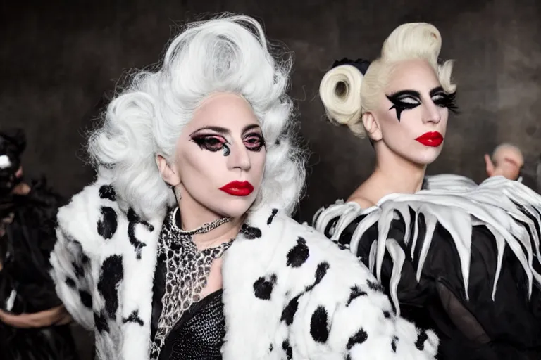 Image similar to lady gaga plays cruella in the live action adaptation of cruella, red weapon 8 k s 3 5, cooke anamorphic / i lenses, highly detailed, cinematic lighting