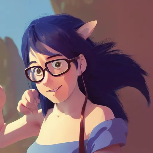 Image similar to a wholesome animation key shot of a girl with long dark blue hair and a raccoon tail, medium shot, studio ghibli, pixar and disney animation, sharp, rendered in unreal engine 5, anime key art by greg rutkowski, bloom, dramatic lighting, trending on artstation