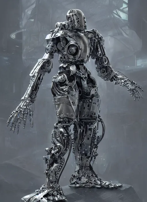 Image similar to portrait of a futuristic silver armored knight district 9 cyborg, modern fine art, fractal, intricate, elegant, highly detailed, digital photography, subsurface scattering, by jheronimus bosch and greg rutkowski,