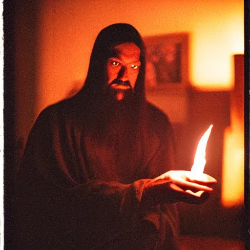 Prompt: portrait of an evil sorcerer performing a malevolent incantation, ominous dramatic low light, gritty high contrast, kodak portra 8 0 0, f 1. 8 8 5 mm zeiss lens