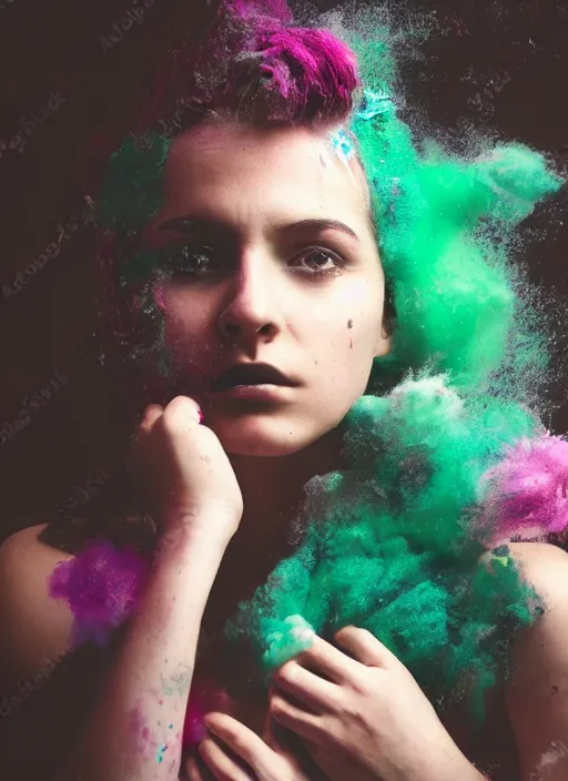 Prompt: a dramatic lighting photo of a beautiful young woman with cotton candy hair. paint splashes. moody, melanchonic. with a little bit of green and black