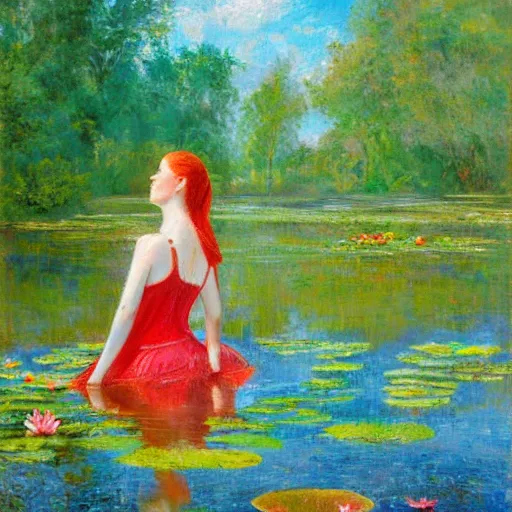 Prompt: oil painted impressionism style, A red-haired girl bathes in a lake where water lilies are floating, High definition, detailed,